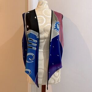 Shekina 100% Silk Handpainted Abstract Bohemian Multi Colored Open Front Vest M